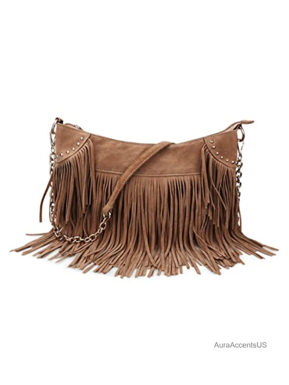 Studded Tassel Faux Suede Leather Hobo Cross Body Chain Shoulder Bag Women's